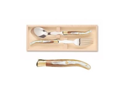 Set tacamuri servire Claude Dozorme Laguiole, maner corn, bolster alama, 2 piese, cutie lemn fag