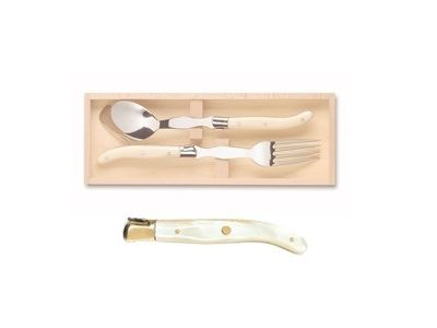 Set tacamuri servire Claude Dozorme Laguiole, maner rasina ivory, bolster inox, 2 piese, cutie lemn fag