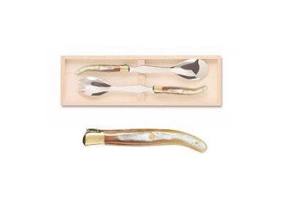 Set tacamuri servire salata Claude Dozorme Laguiole, maner corn, bolster alama, 2 piese, cutie lemn fag