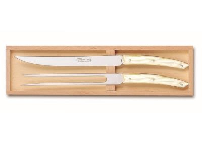 Set tacamuri Claude Dozorme Classic Le Thiers 2P Carving, cutit + furculita, maner rasina natural, 2 piese, cutie lemn fag
