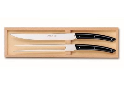 Set tacamuri Claude Dozorme Classic Le Thiers 2P Carving, cutit + furculita, maner rasina negru, 2 piese, cutie lemn fag