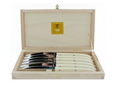 Set cutite friptura Claude Dozorme Capucin cu maner rasina crem, 6 piese, cutie lemn fag