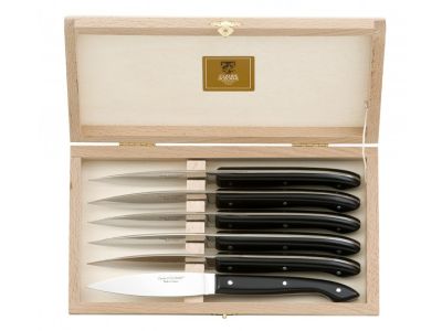 Set cutite friptura Claude Dozorme Capucin cu maner rasina negru, 6 piese, cutie lemn fag