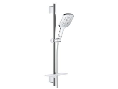 Set de dus Grohe Rainshower SmartActive 130 Cube cu para de dus 3 jeturi, furtun 175cm si bara 60cm, savoniera, crom