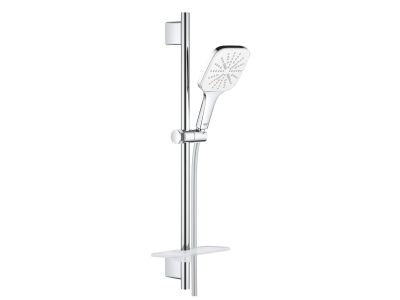 Set de dus Grohe Rainshower SmartActive 130 Cube cu para de dus 3 jeturi, furtun 175cm si bara 60cm, savoniera, moon white