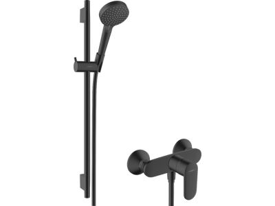 Baterie cada Hansgrohe Vernis Blend cu set de dus 100 Vario EcoSmart cu bara S Puro 65cm, negru mat