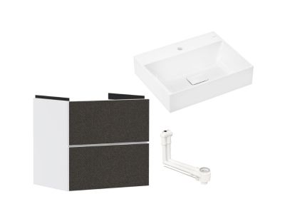 Set mobilier Hansgrohe Xevolos E cu lavoar 60x48cm, SmartClean, alb si dulap cu 2 sertare, 58cm, corp alb mat, front textil gri inchis