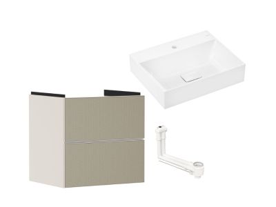 Set mobilier Hansgrohe Xevolos E cu lavoar 60x48cm, SmartClean, alb si dulap cu 2 sertare, 58cm, corp bej mat, front ceramic bronz texturat