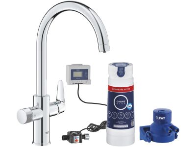 Baterie bucatarie Grohe Blue Pure BauCurve cu sistem filtrare Ultrasafe, starter kit, crom