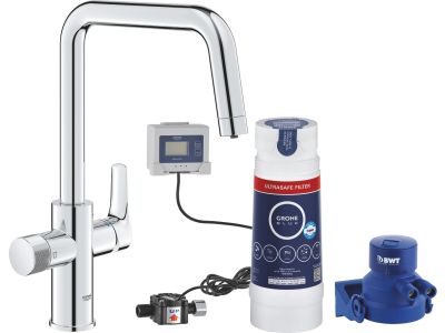 Baterie bucatarie Grohe Blue Pure Start cu pipa C, sistem filtrare Ultrasafe, starter kit, crom