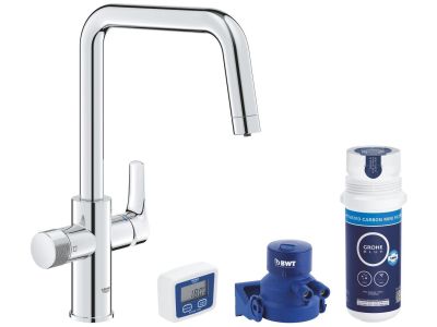 Baterie bucatarie Grohe Blue Pure Start cu pipa U, sistem filtrare, starter kit, crom