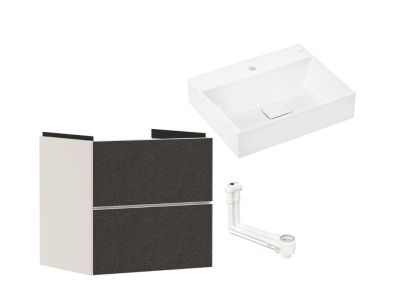 Set mobilier Hansgrohe Xevolos E cu lavoar 60x48cm, SmartClean, alb si dulap cu 2 sertare, 58cm, corp bej mat, front textil gri inchis