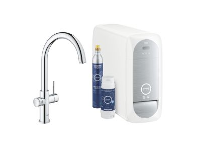 Baterie bucatarie Grohe Blue Home cu pipa C si sistem de filtrare Starter Kit, crom