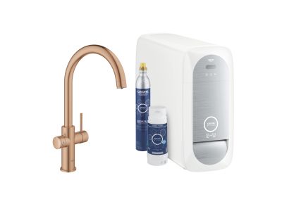 Baterie bucatarie Grohe Blue Home cu pipa C, sistem filtrare, starter kit, brushed warm sunset