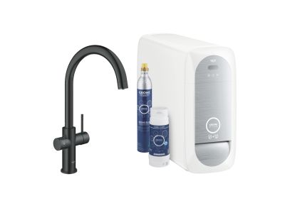 Baterie bucatarie Grohe Blue Home cu pipa C, sistem filtrare, starter kit, velvet black