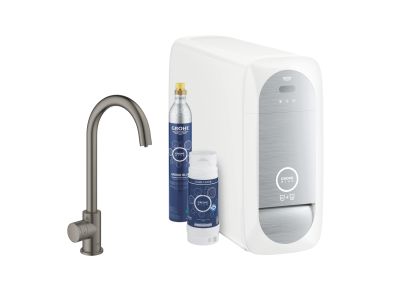 Baterie bucatarie Grohe Blue Home Mono cu pipa C, sistem de filtrare, brushed hard graphite