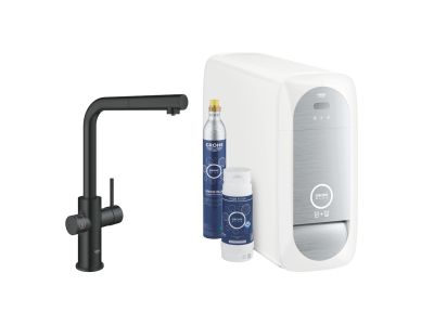 Baterie bucatarie Grohe Blue Home Duo cu dus extractibil, pipa L, sistem filtrare, racire si carbonatare, starter kit, velvet black