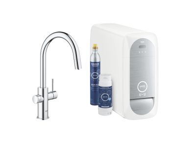 Baterie bucatarie Grohe Blue Home Duo cu dus extractibil, pipa C, sistem filtrare, racire si carbonatare, starter kit, crom