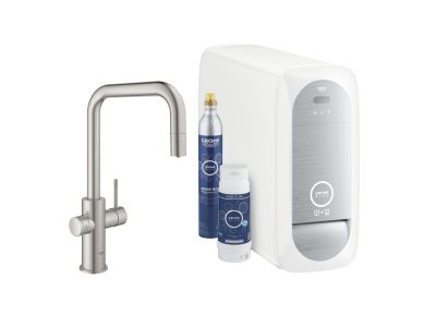 Baterie bucatarie Grohe Blue Home Duo cu dus extractibil, pipa U, sistem filtrare, racire si carbonatare, starter kit, supersteel