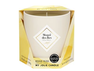 Lumanare parfumata My Jolie Candle Les Essentielles Island Monoi 180g + bratara aurie cu decor negru