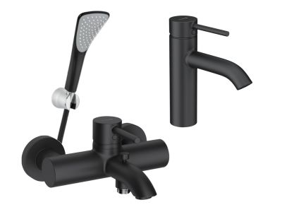 Set baterii 3in1 Kludi Bozz Negru Mat cu baterie de lavoar, baterie de cada si set de dus Fizz cu agatatoare