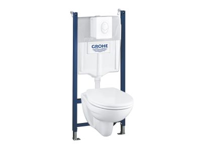 Set complet Grohe Solido Compact 4-in-1 cu rezervor incastrat, clapeta Skate Air alb si vas wc suspendat cu capac inchidere lenta