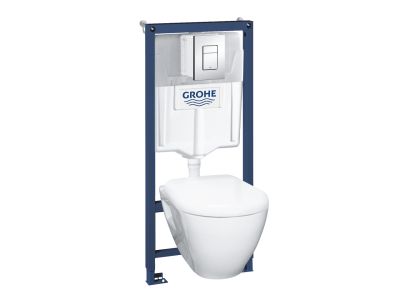 Set complet Grohe Solido Perfect 4-in-1 cu vas wc suspendat cu capac inchidere lenta, rezervor incastrat cu cadru si clapeta Skate Cosmopolitan crom