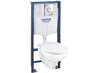 Set complet Grohe Solido 4-in-1 cu vas wc suspendat Bau Ceramic cu capac inchidere lenta, rezervor incastrat cu cadru si clapeta Sail crom