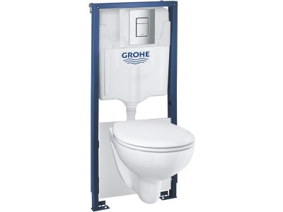 Set complet Grohe Solido 5-in-1 cu vas wc suspendat Bau Ceramic Rimless cu capac inchidere lenta, rezervor incastrat cu cadru si clapeta Skate Cosmopolitan crom