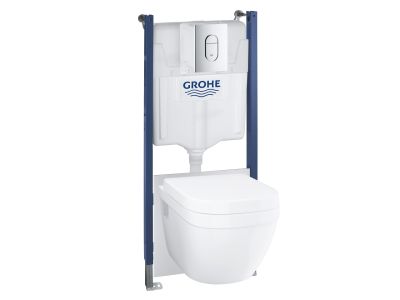 Set complet Grohe Solido 5-in-1 cu vas wc Euro Ceramic, capac inchidere lenta, rezervor incastrat cu cadru si clapeta Arena Cosmopolitan crom