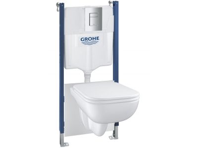 Set complet Grohe Solido Compact 5-in-1 cu vas wc Start Edge, capac, rezervor incastrat cu cadru si clapeta Even crom