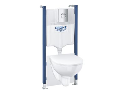 Set complet Grohe Solido 5-in-1 cu vas wc Bau Ceramic, capac slim inchidere lenta, rezervor incastrat cu cadru, Grohe Fresh si clapeta Sail crom