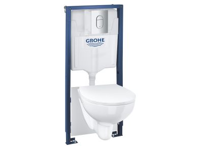 Set complet Grohe Solido 5-in-1 cu vas wc Bau Ceramic, capac slim inchidere lenta, rezervor incastrat cu cadru si clapeta Arena Cosmopolitan crom