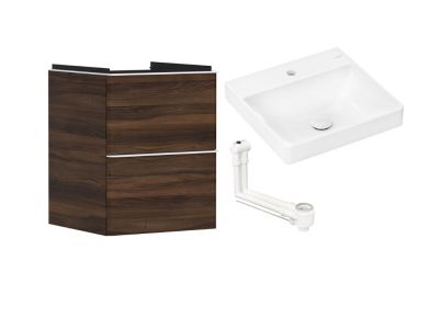 Set mobilier Hansgrohe Xelu Q cu lavoar 50x48cm SmartClean alb si dulap cu 2 sertare, 48cm, nuc inchis, manere alb mat