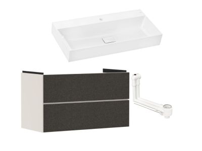Set mobilier Hansgrohe Xevolos E cu lavoar 100x48cm, SmartClean, alb si dulap cu 2 sertare, 98cm, corp bej mat, front textil gri inchis