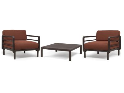 Set mobilier exterior Nardi Maximo cu fotolii cu cadru maro Terra, perne maro Cannella Sunbrella si masuta