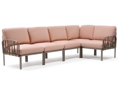 Canapea modulara exterior Nardi Komodo 5, 294x154cm, cadru tortora, perne roz quarzo