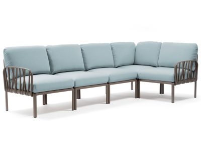 Canapea modulara exterior Nardi Komodo 5, 294x154cm, cadru tortora, perne bleu ghiaccio Sunbrella