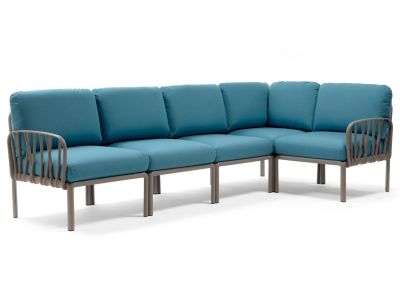 Canapea modulara exterior Nardi Komodo 5, 294x154cm, cadru tortora, perne albastru adriatic Sunbrella