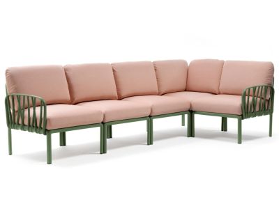 Canapea modulara exterior Nardi Komodo 5, 294x154cm, cadru verde, perne roz quarzo