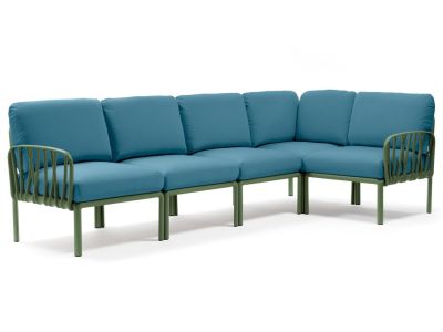 Canapea modulara exterior Nardi Komodo 5, 294x154cm, cadru verde, perne albastru adriatic Sunbrella