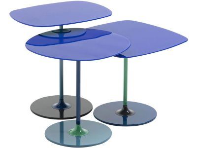 Set 3 masute Kartell Thierry design Piero Lissoni, baza metal, blat sticla, albastru