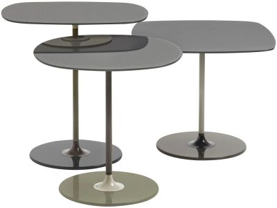 Set 3 masute Kartell Thierry design Piero Lissoni, baza metal, blat sticla, gri