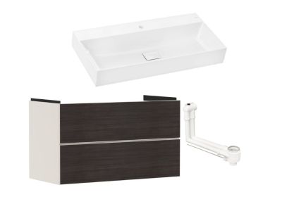 Set mobilier Hansgrohe Xevolos E cu lavoar 100x48cm, SmartClean, alb si dulap cu 2 sertare, 98cm, corp bej mat, front stejar inchis