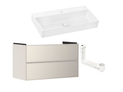 Set mobilier Hansgrohe Xevolos E cu lavoar 100x48cm, SmartClean, alb si dulap cu 2 sertare, 98cm, corp bej mat, front bej metalic