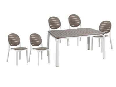 Set Nardi cu masa extensibila Alloro 140 max 210x100cm, baza aluminiu si 6 scaune Erica, alb - tortora