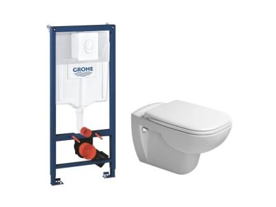 Set complet vas wc suspendat Duravit D-Code cu capac si rezervor incastrat cu cadru Grohe Rapid SL 3-in-1 si clapeta Skate Air alpine white