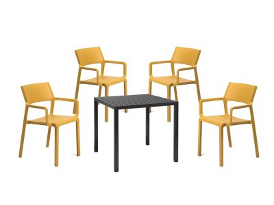 Set Nardi cu masa Cube 80x80cm antracit si 4 scaune Trill Armchair galbene