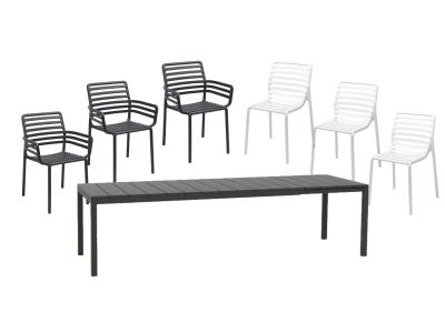 Set Nardi cu masa extensibila Rio 210 cu baza aluminiu antracit, 3 scaune Doga Armchair antracit si 3 scaune Doga Bistrot albe