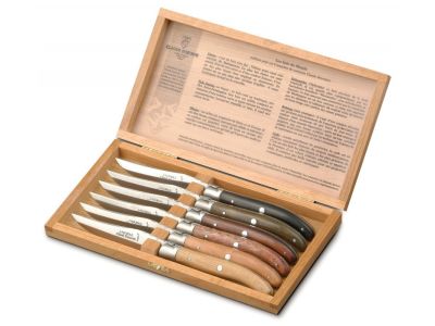 Set cutite friptura Claude Dozorme Laguiole maner lemn mix, 6 piese, bolster inox, cutie lemn stejar